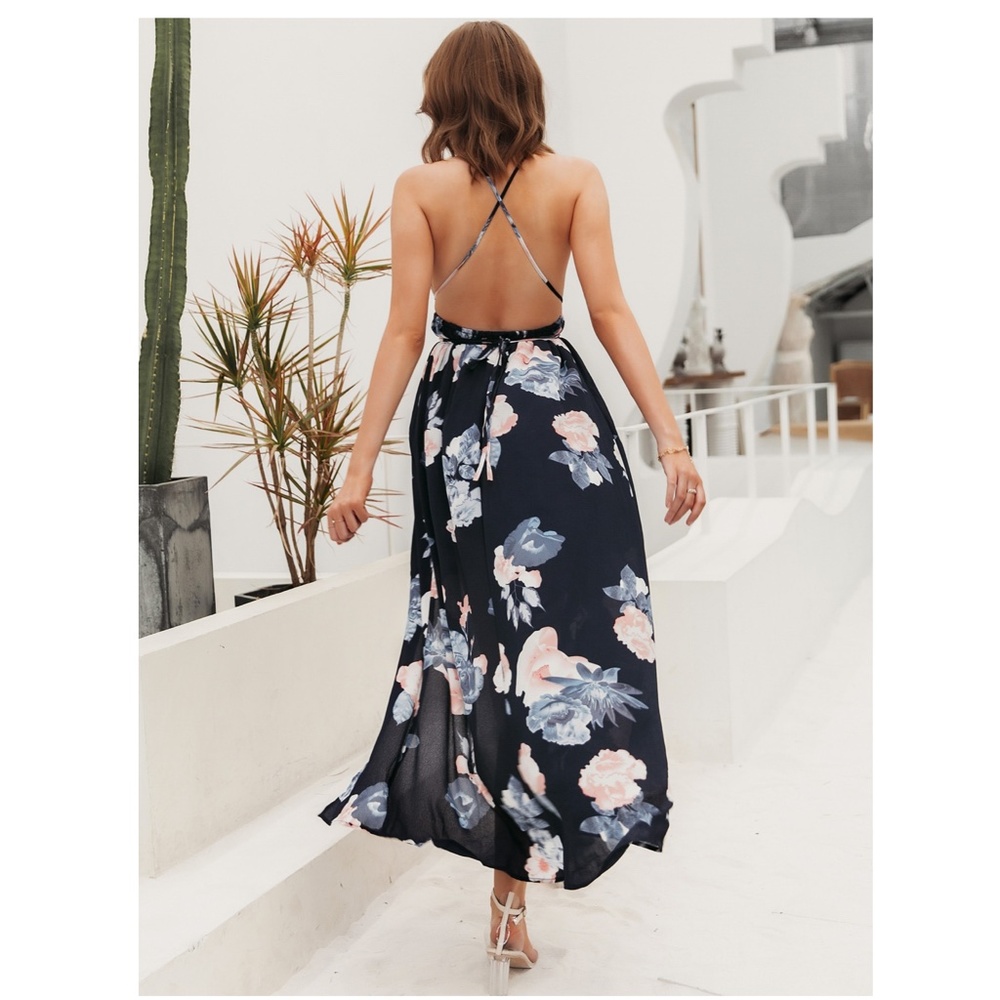 Deep V Backless Strappy Navy Floral Maxi Dress - Picture 5 of 8